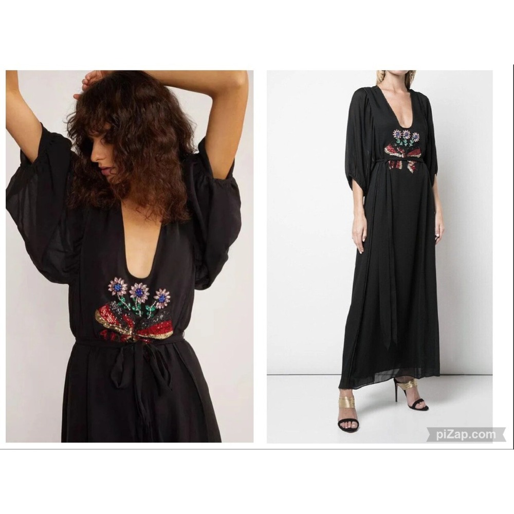 Cynthia Rowley Marquette Applique Crystal Sequin Kaftan Maxi Dress Black Silk 4